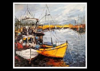 Kowalik - W porcie - 50x40cm Obraz Olejny Kutry Jach Kuter Morze