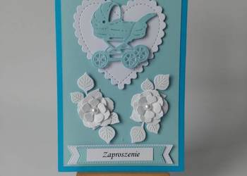 ZAPROSZENIA CHRZEST WÓZEK W SERCU C6 BŁĘKIT - BIEL