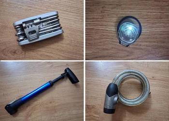 Akcesoria rowerowe multitool, pompka, blokada, lampka sygnalizacyjna