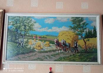 Piękny Duży Obraz wyszywany Żniwa,Rolnik,Konie ciągną Wóz