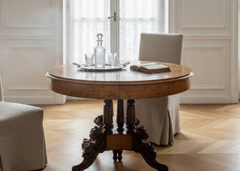 DREWNIANY STÓŁ ORZECHOWY BOCIAN czeczota lata 20. rozkładany UNIKALNY BLAT