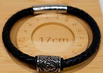 BRANSOLETKA RUNA TRIQUETRA STAL 316L SKÓRA NA MAGNEZ ZAPIĘCIE 17-17.5 cm