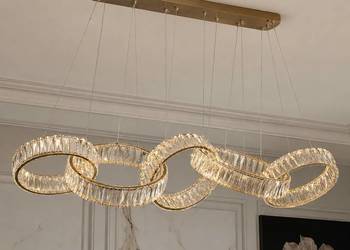 Żyrandol kryształowy złoty glamour, podłużna lampa wisząca
