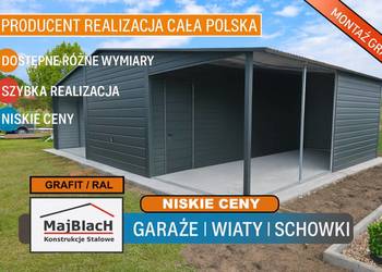 Ładny Garaż Blaszany GRAFITOWY z zadaszeniem bocznym -Maj-BlacH