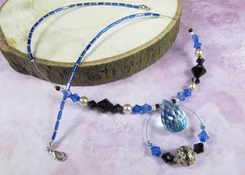 Naszyjnik czarny niebieski srebrny perłowy łezka eko handmade