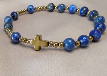 Bransoletka różaniec kamienie naturalne lapis lazuli krzyżyk męska unisex