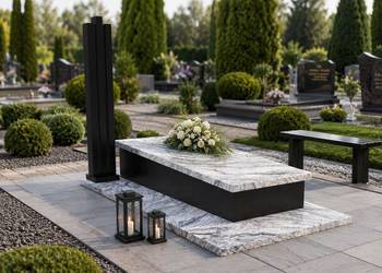 Nagrobek Granitowy Pojedynczy Premium Sarkofag z Półką na Znicze Czarno Bi…