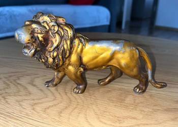 Figurka Lew Metalowa Vintage Art Deco Złota Metal Mosiądz 17cm