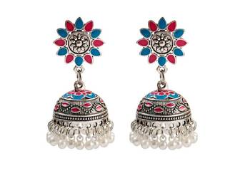 Nowe kolczyki indyjskie srebrny kolor niebieski różowy białe Nowe kolczyki indyjskie srebrny kolor niebieski różowy białe