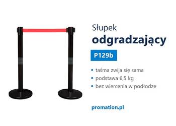 Czarny słupek odgradzający z taśmą do kolejek – urząd, bank, kino P129b