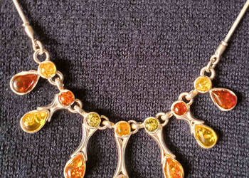 naszyjnik kolia srebrna z bursztynami