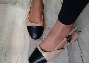 (39) Beżowo - Czarne baleriny wieczorowe z odkrytą piętą, WideFit, NOWE