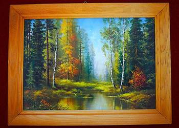 Pejzaż leśny - mała reprodukcja w drewnianej ramie