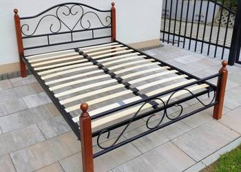 Łóżko metalowe podwójne drewniane nowoczesne dwuosobowe 200x180 materac