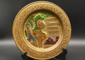 Mosiężny, emaliowany, ozdobny talerz ścienny