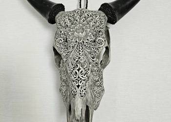 UNIKAT*Rzeźbiona czaszka krowy, rękodzieło, lotos, dekoracja