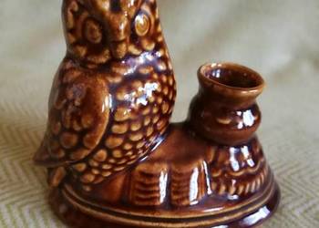 Ceramiczny Świecznik Sowa  PRL – Retro Figurka, Brązowe Szkliwo