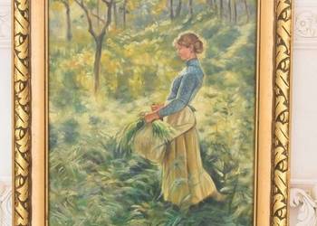 Józef Chełmoński Pejzaż Polskiej Wsi - Kobieta z Trawą - Stary Obraz Olejny