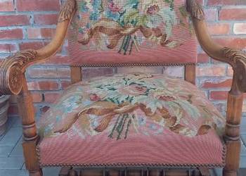 Fotel zabytkowy z rzeźbionego drewna dębowefo gobelinowa tapicerka Tron