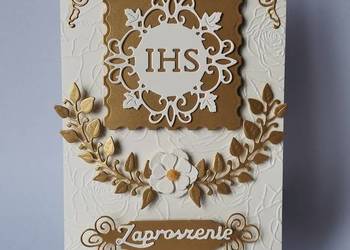 ZAPROSZENIA KOMUNIA UNIWERSALNE IHS Z KORONKĄ W ŁUKU – B6 – ECRI – ZŁOTO