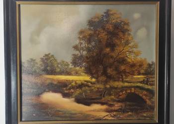 Obraz pejzaż 44,5x39cm sygnowany most mostek rzeka rzeczka strumień strumyk