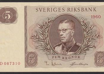 SZWECJA 5 KORON 1960 - GUSTAW VI ADOLF - STAN BANKOWY UNC
