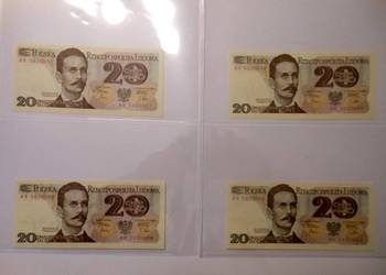 Cztery nowe banknoty z kolejnymi numerami.