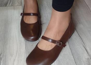 (40) Brązowe Baleriny wieczorowe z zapięciem na szeroką stopę, NOWE