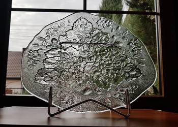 Patera / duży talerz Poziomki / Strawberry, Ząbkowice, szkło PRL