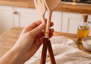 Nowy duży drewniany zestaw kuchenny łyżka i widelec naturalne drewno