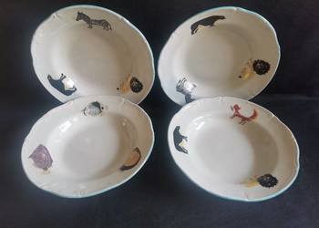 Stare bajkowe głębokie talerze Zwierzęta porcelana Tułowice PRL