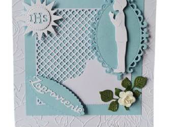 ZAPROSZENIA KOMUNIA CHŁOPIEC W RAMCE KORONKOWEJ K4 BŁĘKIT - BIEL