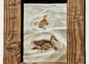 Obraz na desce, ręcznie malowany "Kaczki" 13,5x19,5 cm