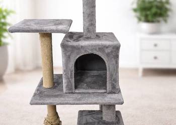 Duży drapak dla kota – wielopoziomowy z budką i półkami | Szary