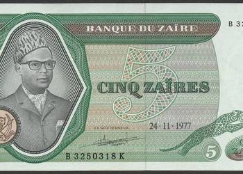 Zair 5 zairów 1977 - stan bankowy UNC