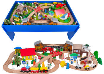 Drewniana kolejka na stoliku mega zestaw tory akcesoria helikopter