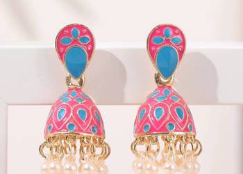 Małe kolczyki orientalne kopułki jhumki kolor złoty różowy koraliki boho hi Małe kolczyki orientalne kopułki jhumki kolor złoty różowy koraliki boho hi