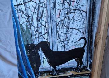 Jamniki jamnik w oknie obraz na płótnie od artysty