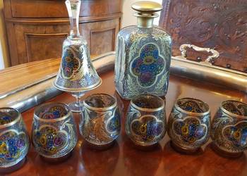 Karafka kieliszki kulawka emalia Hermann Pautsch ok. 1900