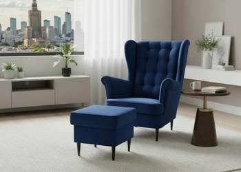 Fotel Uszak Skandynawski Granatowy Z Podnóżkiem, Dostawa 0zł!