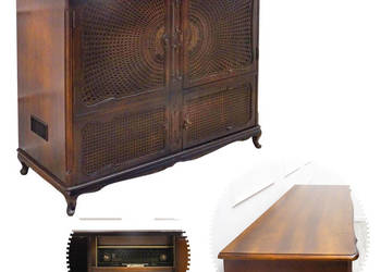 Stylowa KOMODA VINTAGE Ludwik KOMODA ORZECH RADIO front RAFIA odświeżona