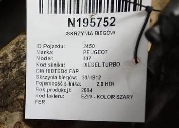 SKRZYNIA BIEGÓW PEUGEOT 307 20MB12 SKRZYNIA BIEGÓW PEUGEOT 307 20MB12