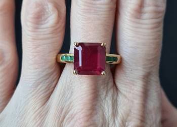 Pierścionek srebro 925 złocone, rubin i szmaragdy