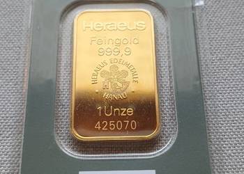 Sztabka złota Heraeus 1 uncja, certyfikat
