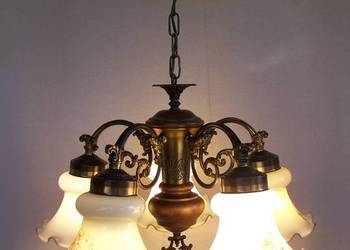 Żyrandol pięcioramienny z kloszami z ręcznie zdobionego szkła – lata 70/80