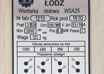 Wiertarka WSA 25 Tabliczka Tabela Obrotów
