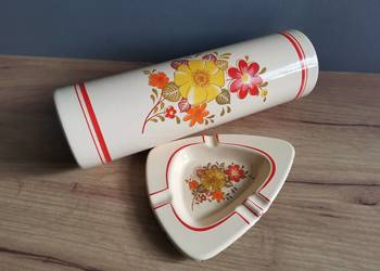 Stary metalowy wazon i popielniczka kolorowa emalia Silesia Rybnik PRL