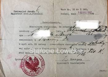 Stary dokument Poznań 1927 rok komisariat 6 Policji