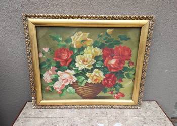 101 Stary przedwojenny obraz olej na płótnie martwa natura kwiaty sygnowany