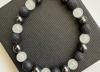 Bransoletka z kamieni naturalnych lawa , hematyt, biały jadeit